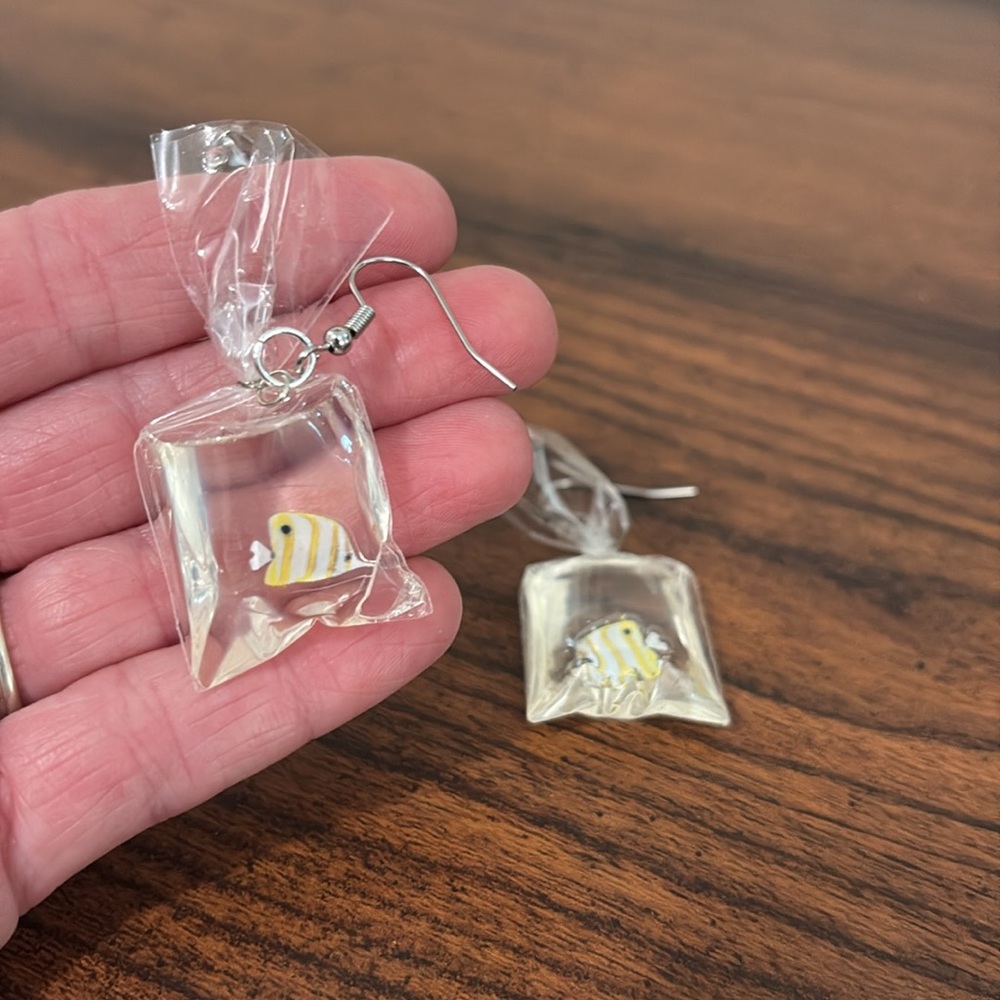 🟢 FREE with any purchase over $10. Fun Tropical Yellow Fish In Bag Earrings
